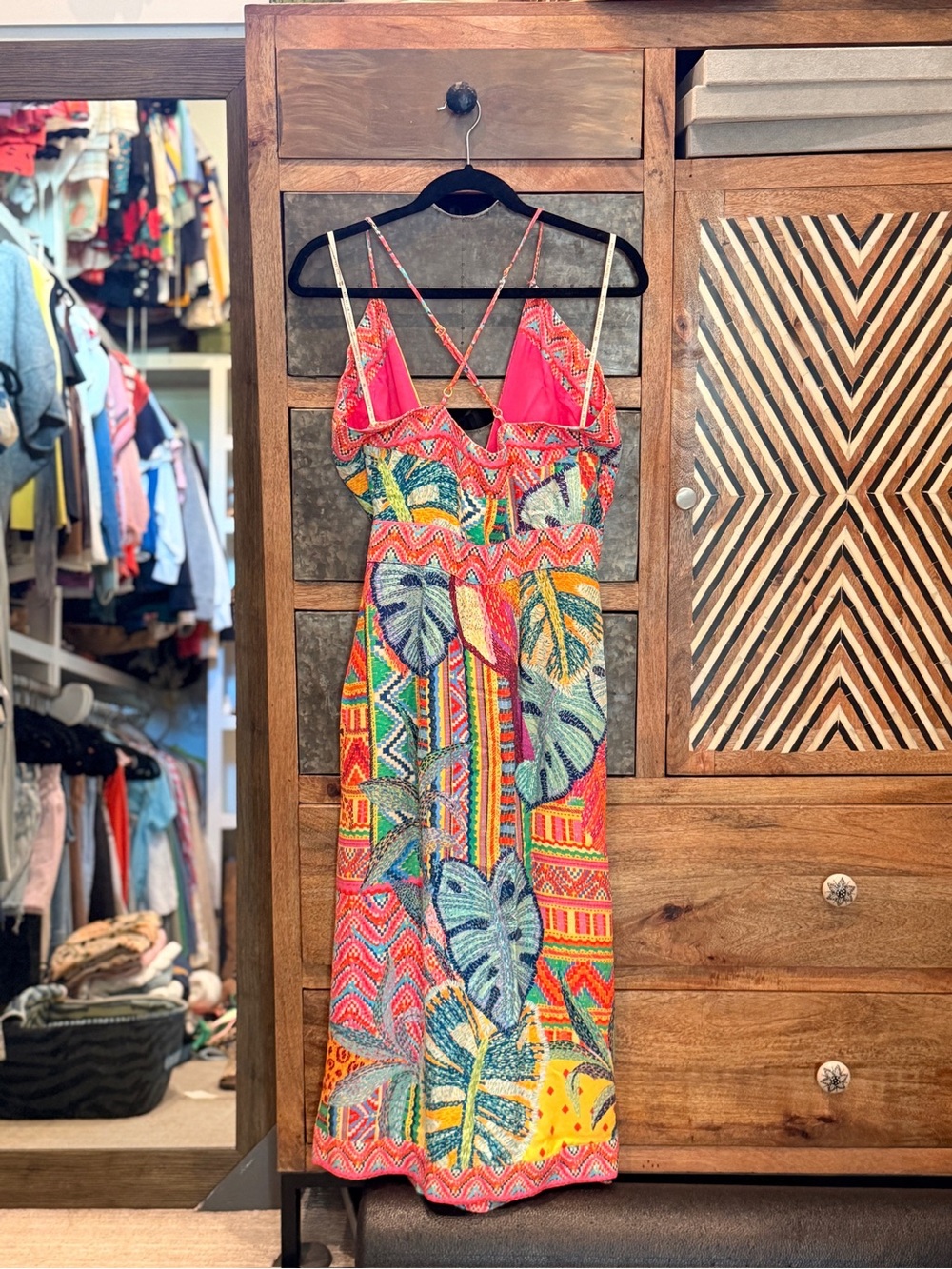 FARM Rio Multicolor Tropical Maxi Dress with Pink Trim